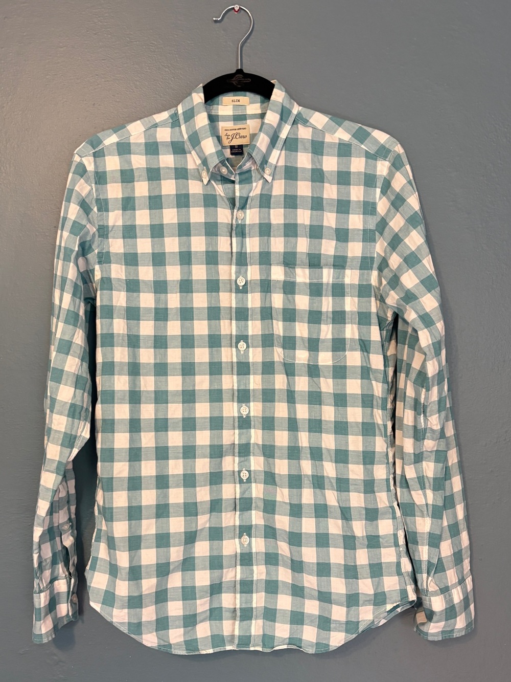J Crew Slim Fit Button Down, Long Sleeve. turquoise white plaid. Men’s Sz Small
